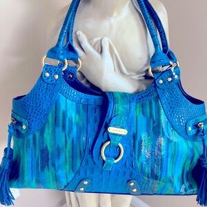 Sharif Green-Blue Croc Style Leather Tassel Satchel Handbag W/Matching Wristlet